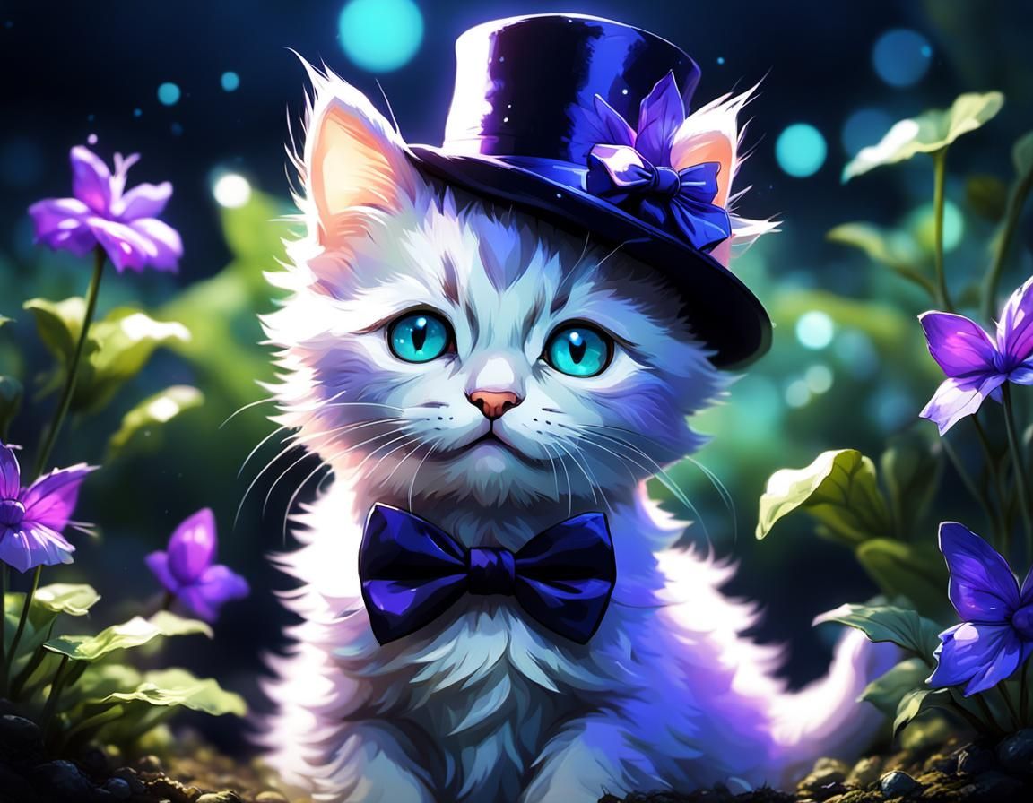 Aristocratic Kitten in Bioluminescent Garden