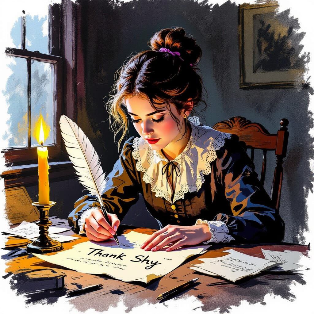 Victorian Girl Writes by Candlelight in Sketch Style