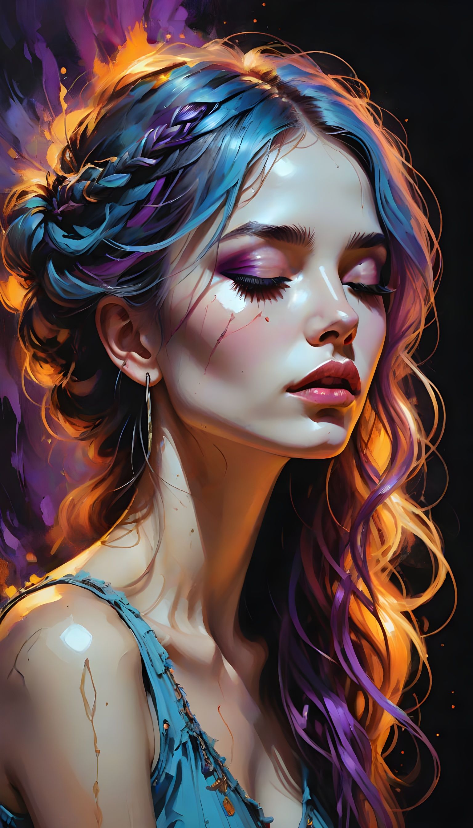 Boho-Gothic Girl with Veins of Fire in Oil Painting Style