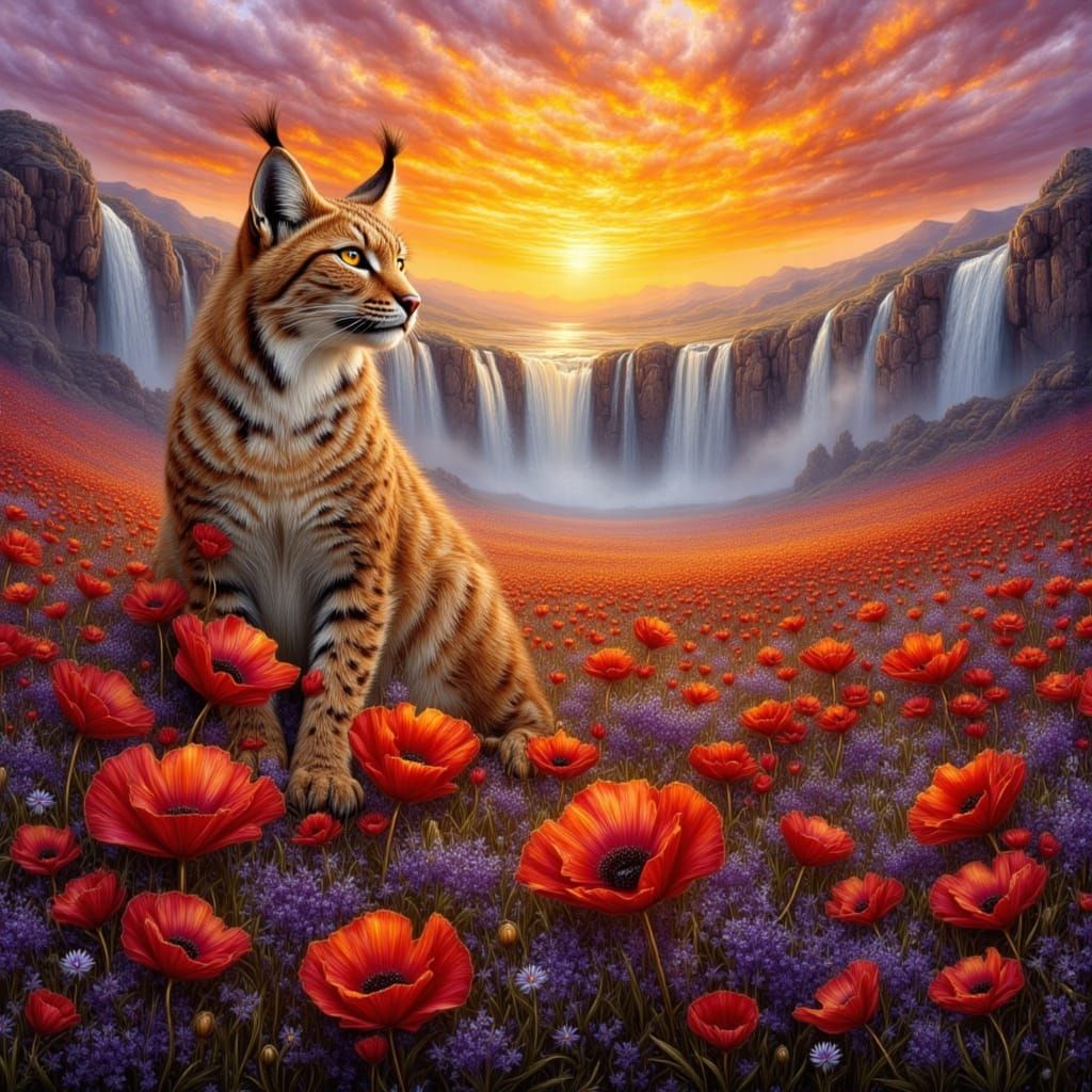 Lynx in Poppy Field: Impressionist Sunset