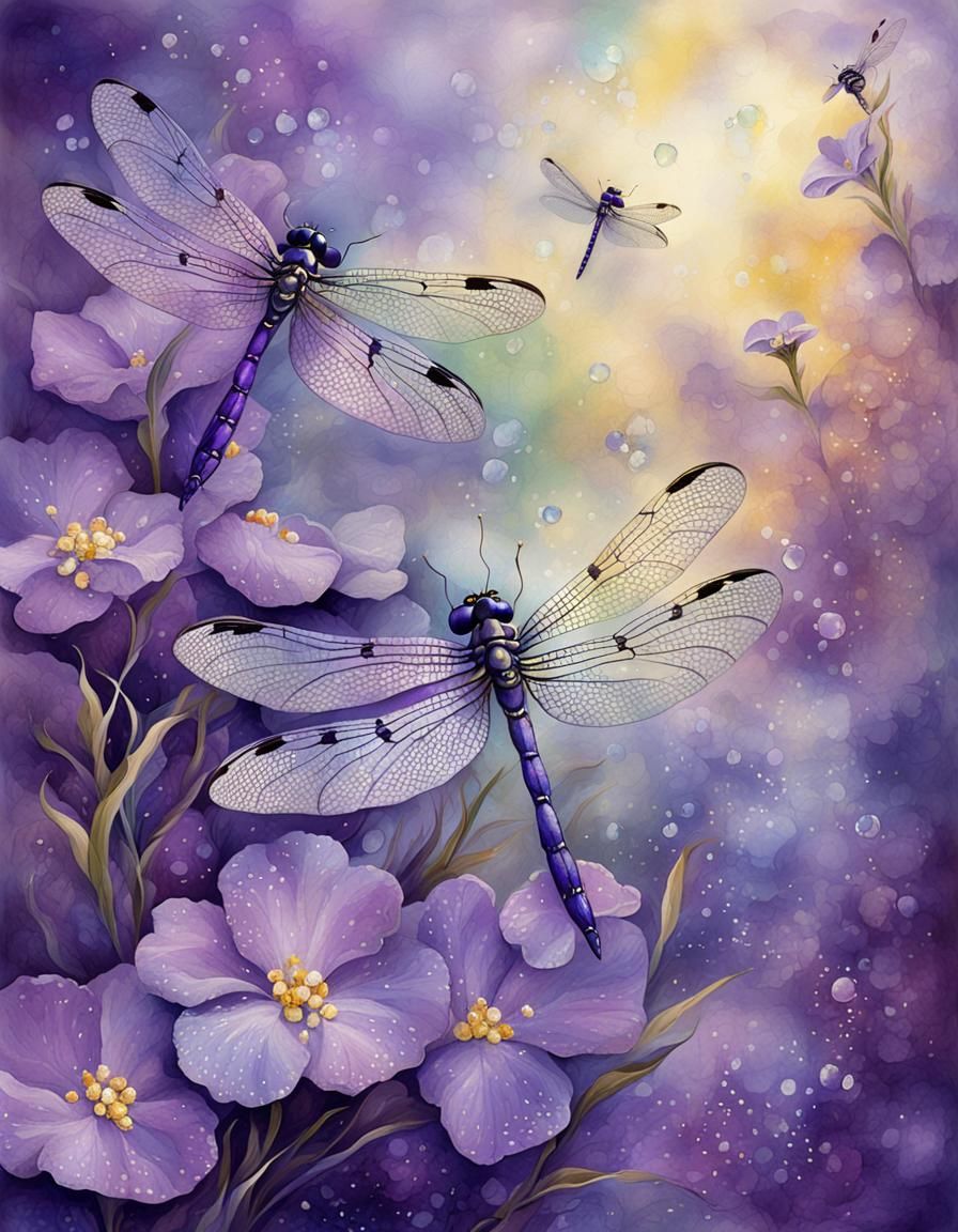 Violets and Dragonflies in Watercolour with Gilt Accents