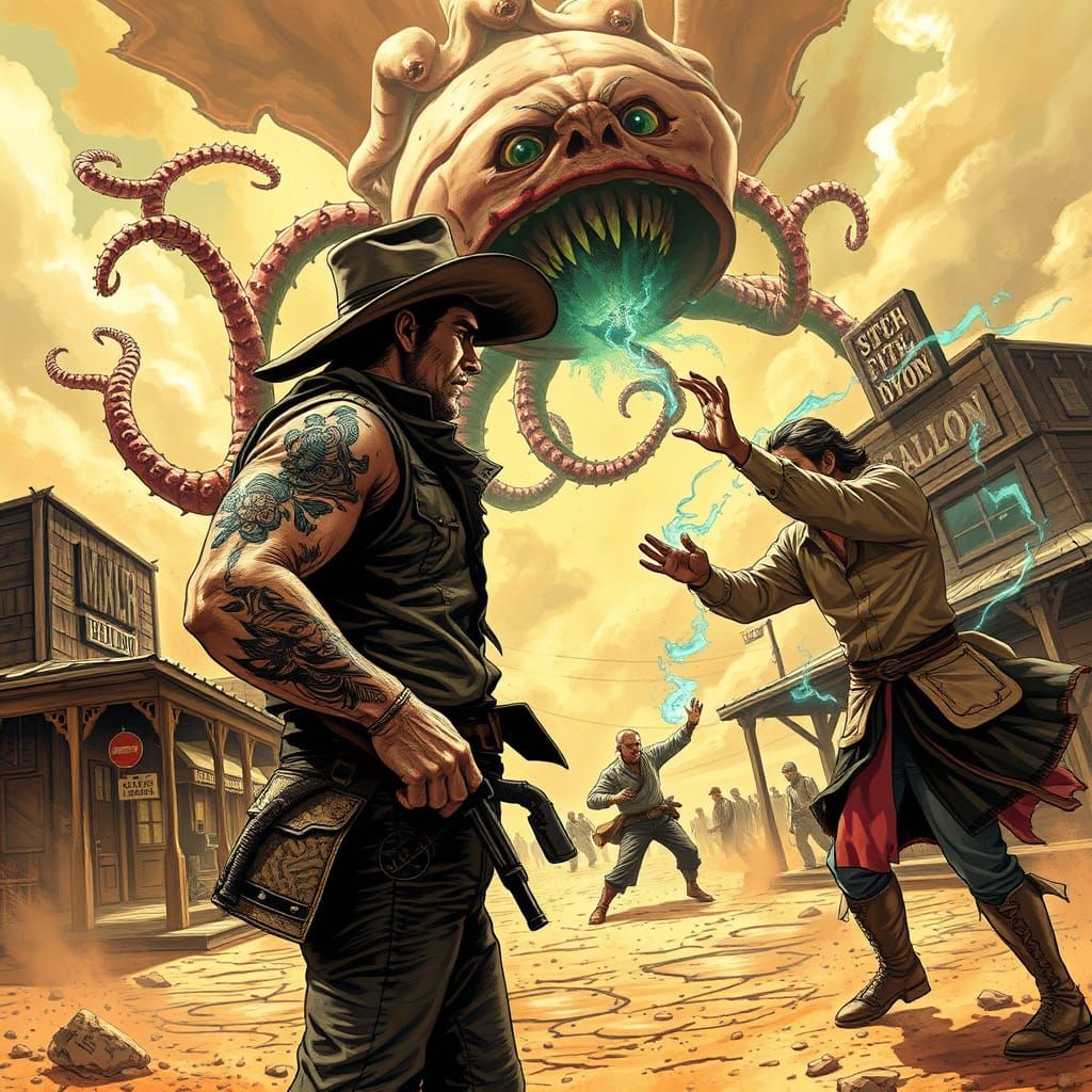 Cowboy Versus Martial Artist Facing Man-Eating Plant