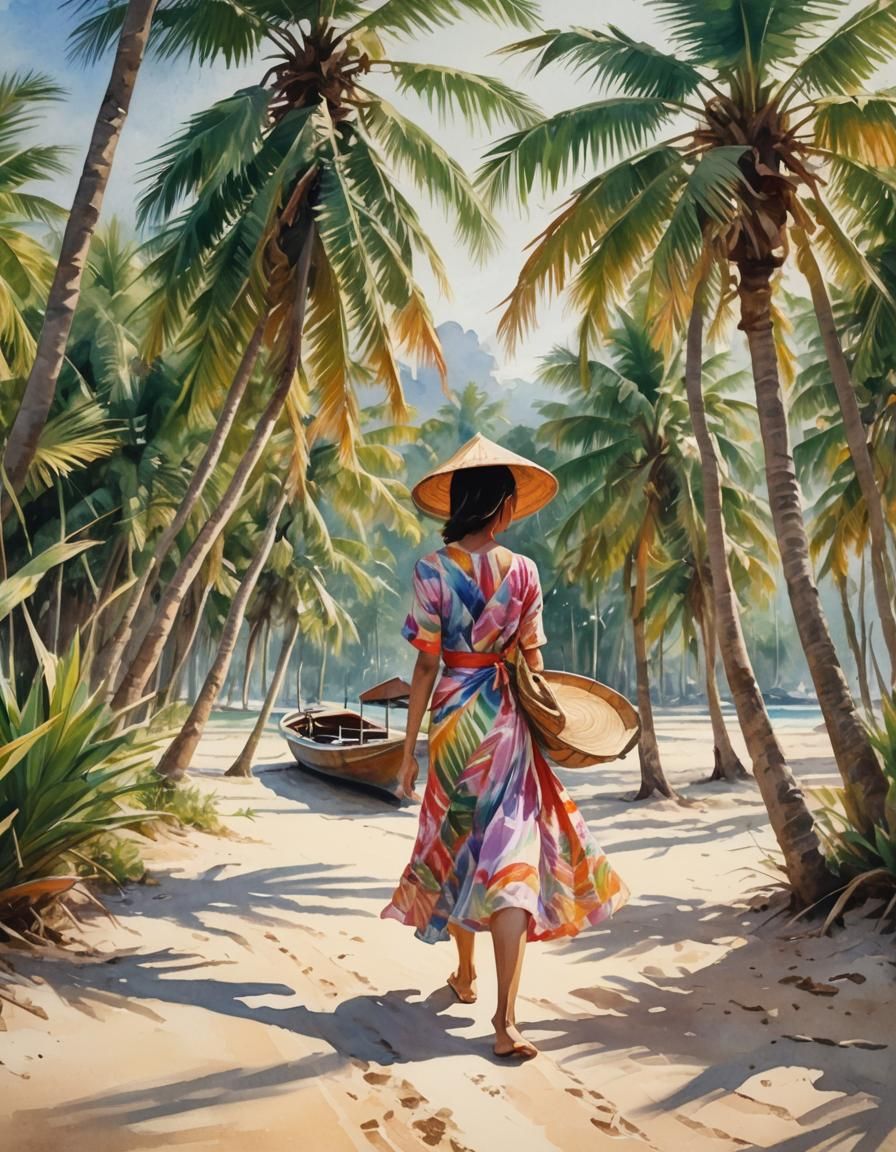 Tropical Beach Scene in Impressionist Style