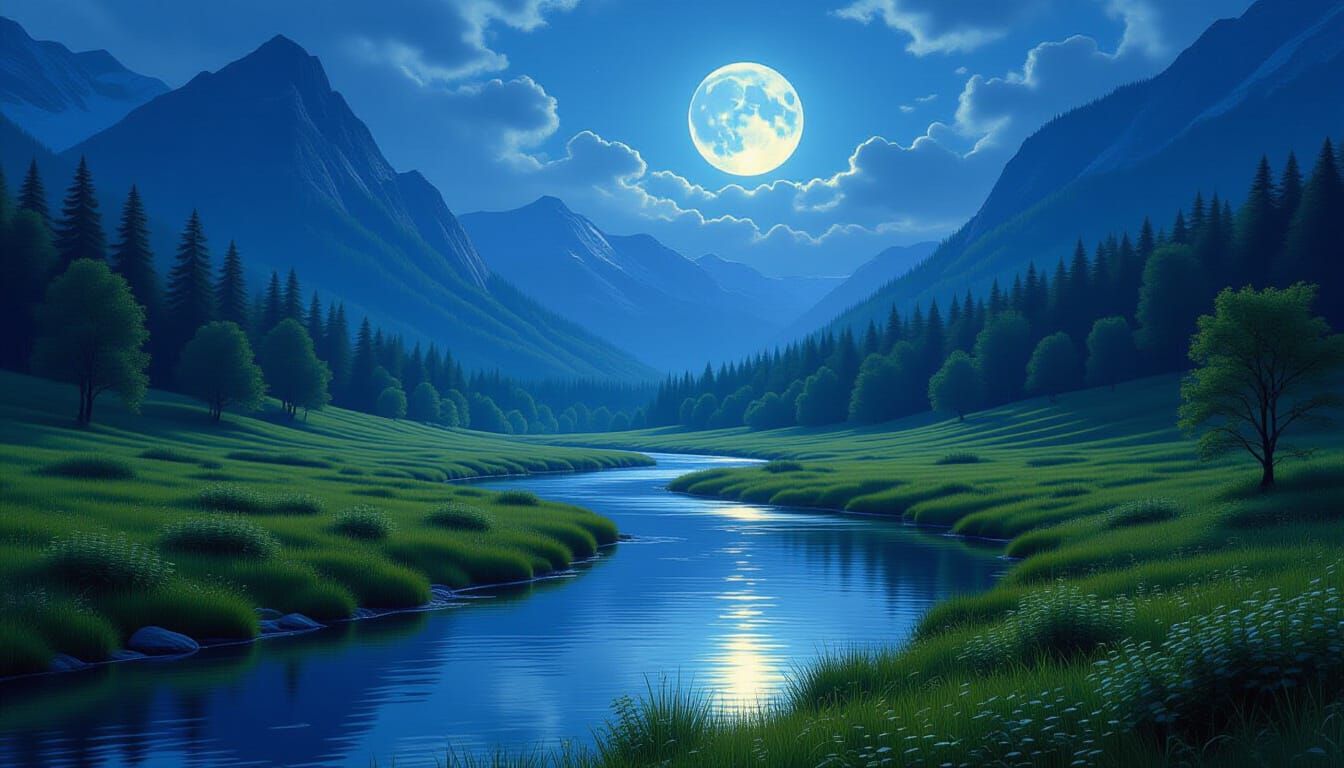 Moonlit Hidden Valley: Hyperrealistic Landscape Art