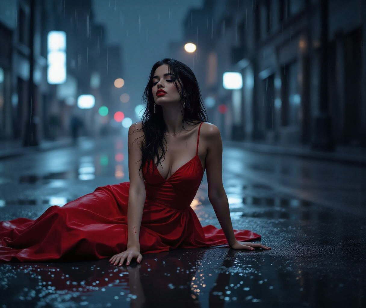 Monochrome Portrait of Girl in Red Dress in Noir Style