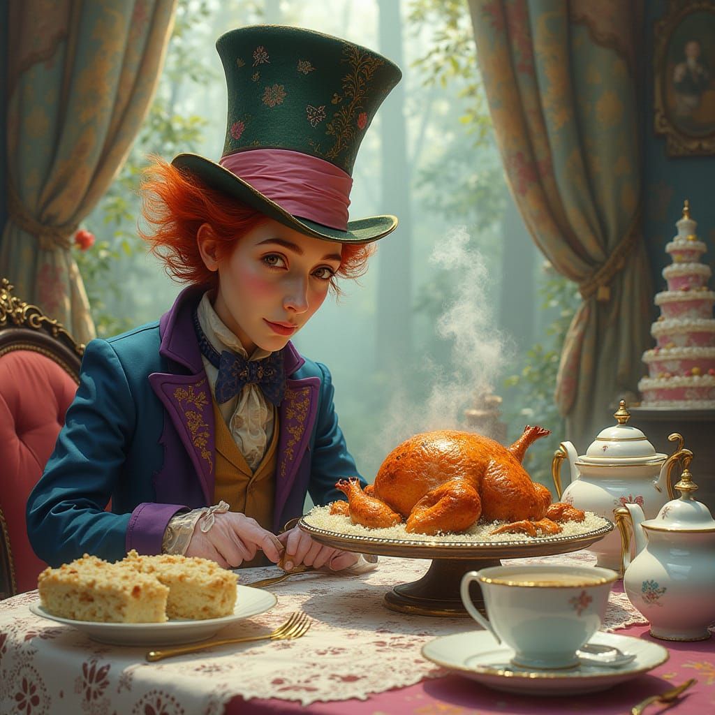 Mad Hatter's Whimsical Tea Party Scene