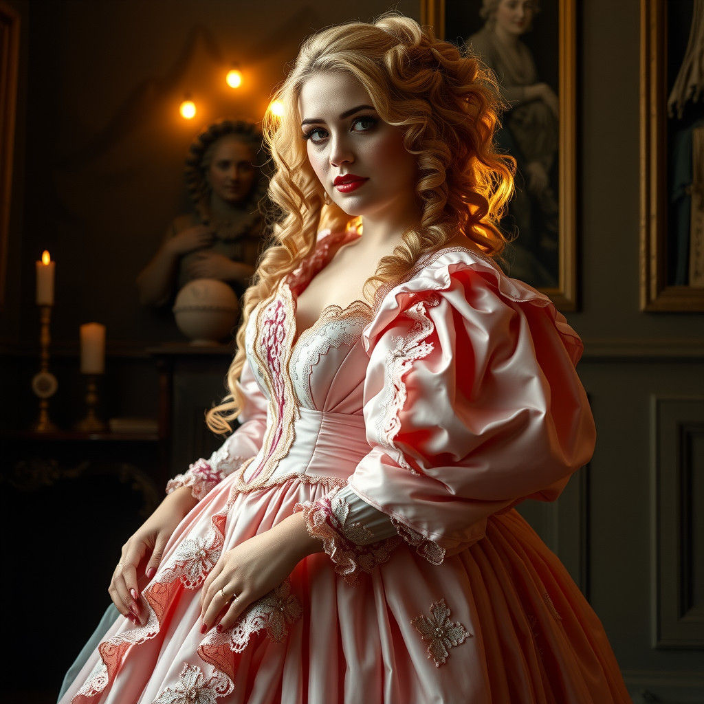 Elegant Woman in Pink Gown with Ringlets, 1867 Style