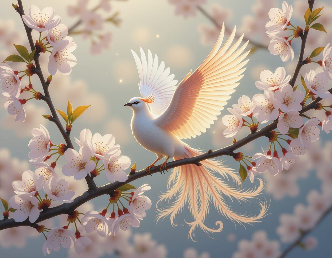 Luminescent Phoenix Gem on Cherry Blossom Branch
