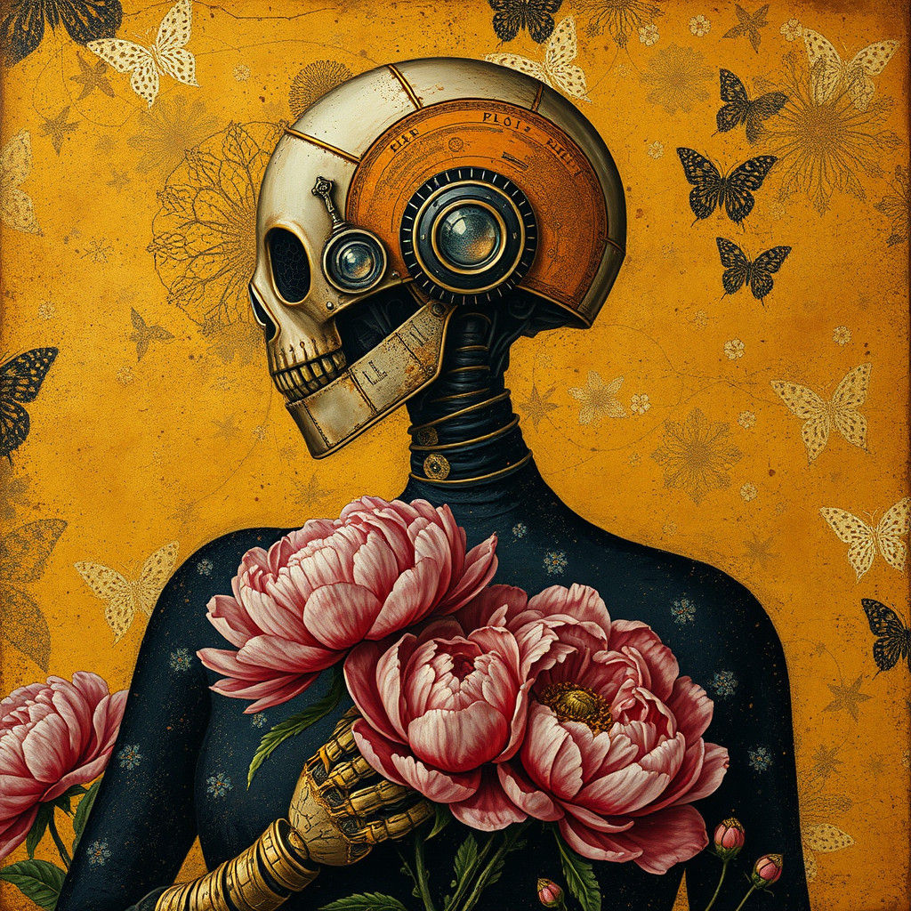 Robot Woman with Peonies in Art Nouveau Style