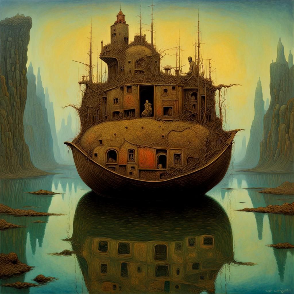Cosmic Characters Sail in Ornate Boat