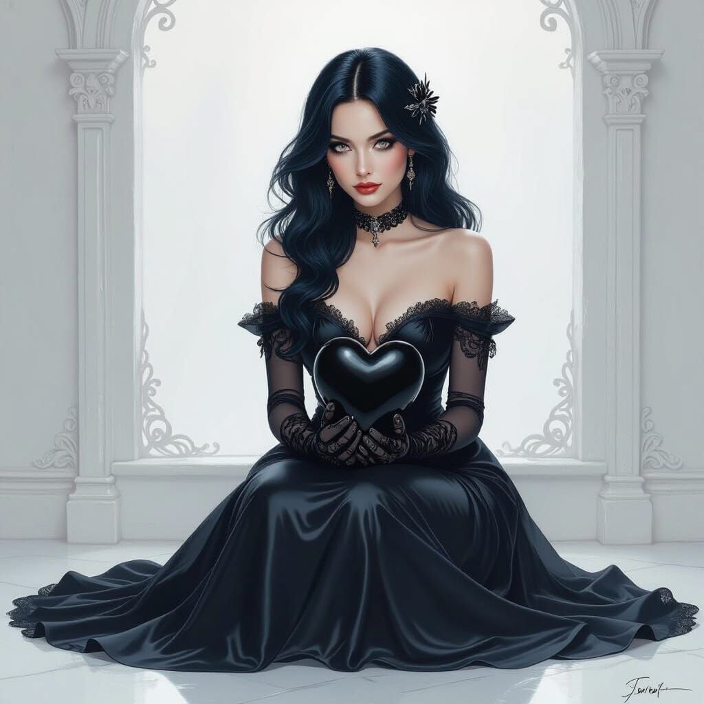 Gothic Woman with Black Heart in Dreamlike Watercolor