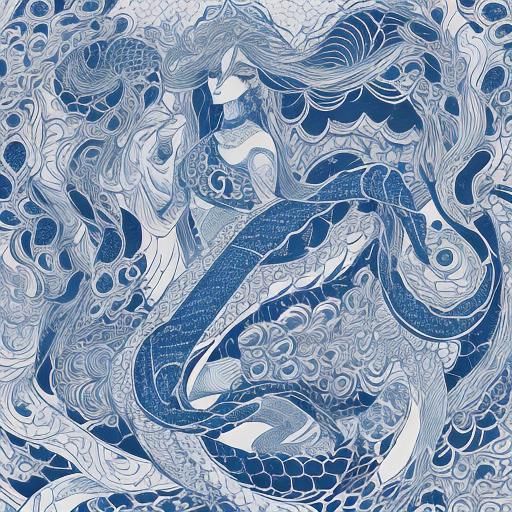 Fantasy Snake-Woman in Blue Ink Line Art