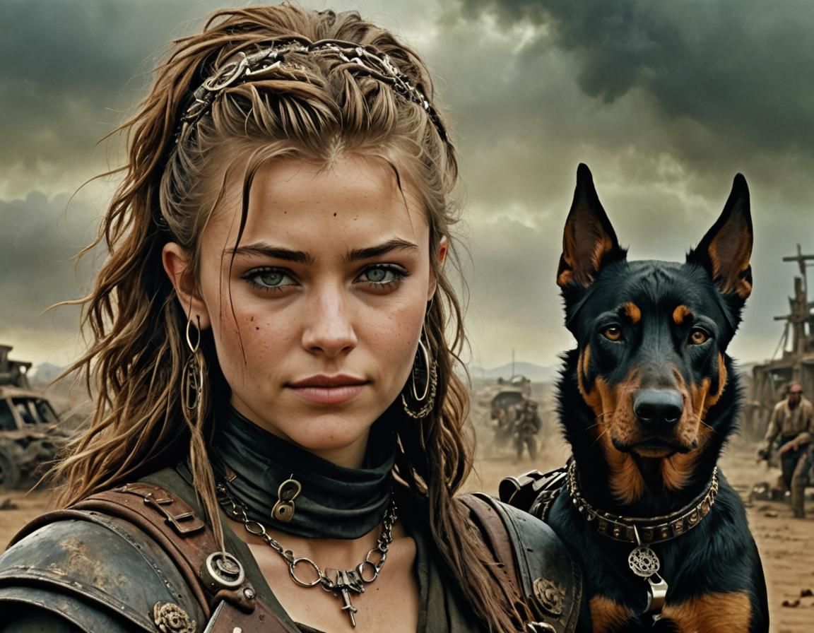 Wasteland Woman with Doberman, Luis Royo Style