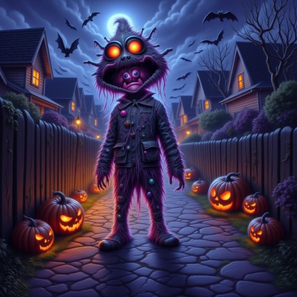 Spooky Halloween Creature Hybrid on Foggy Street