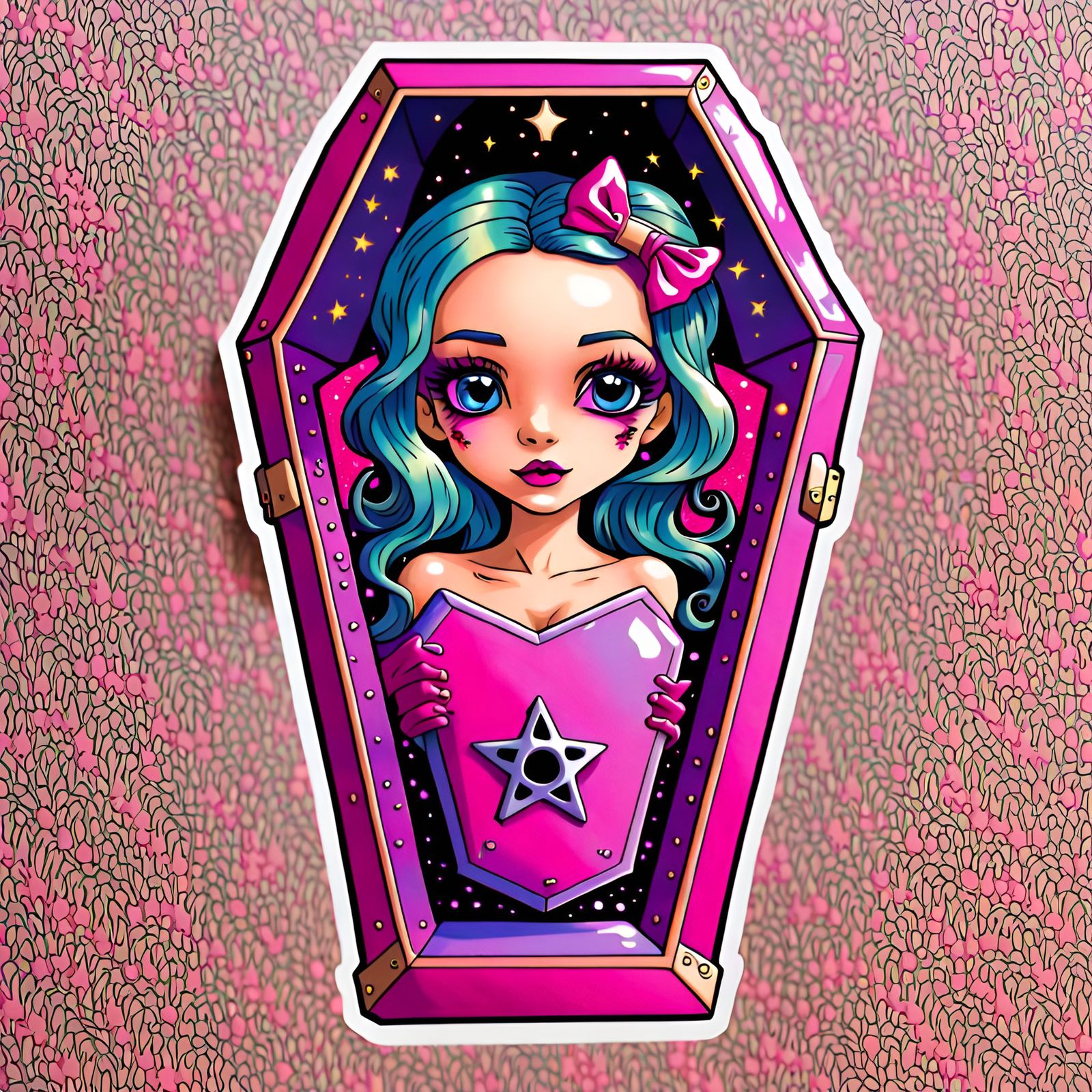 Lisa Frank Wiccan Pink Coffin Sticker