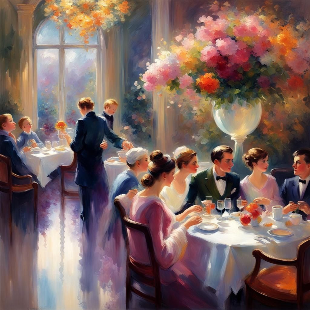 Cousins' Lunch: Impressionistic Restaurant Scene with Flower...