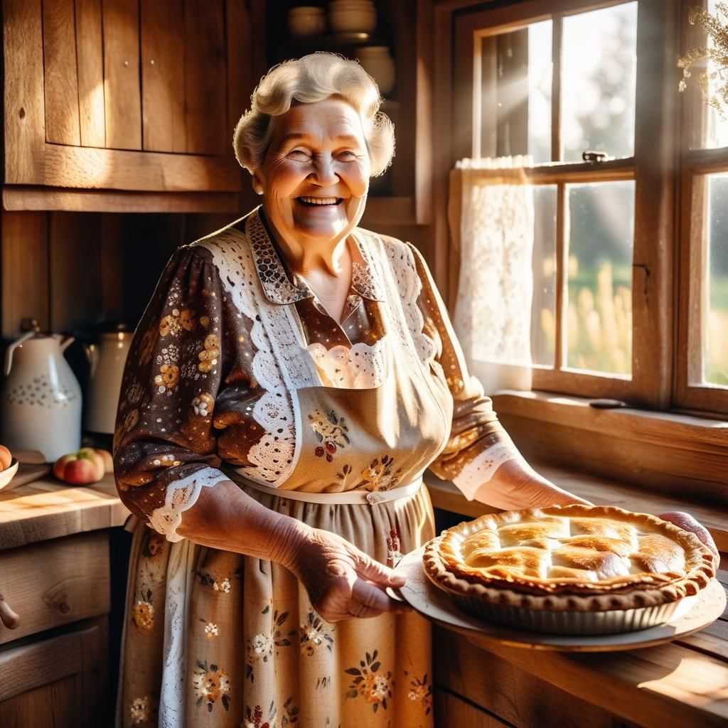 Cozy Kitchen: Grandmother with Freshly Baked Pie