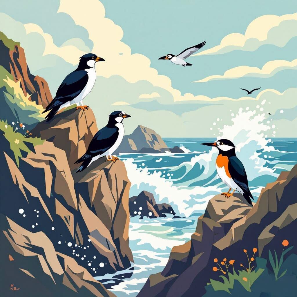 Seaside Birds on Rocky Cliffs in Stylized Geometric Art