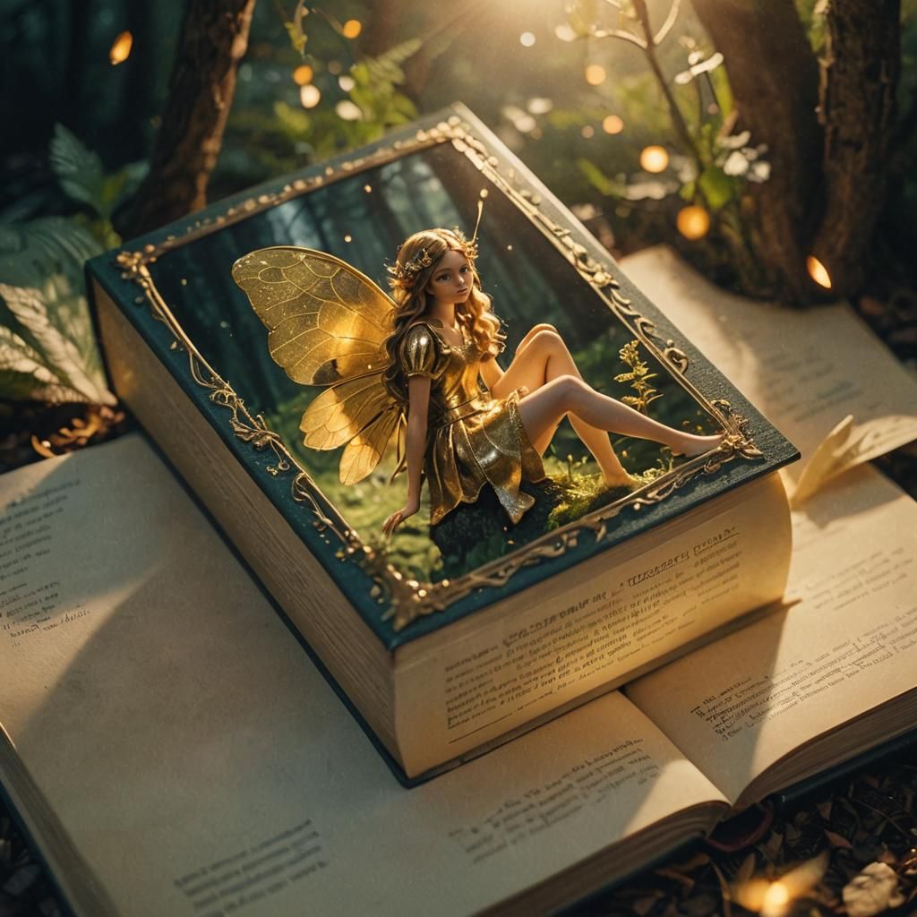 Golden Book with Fairy: Cinematic Film Still