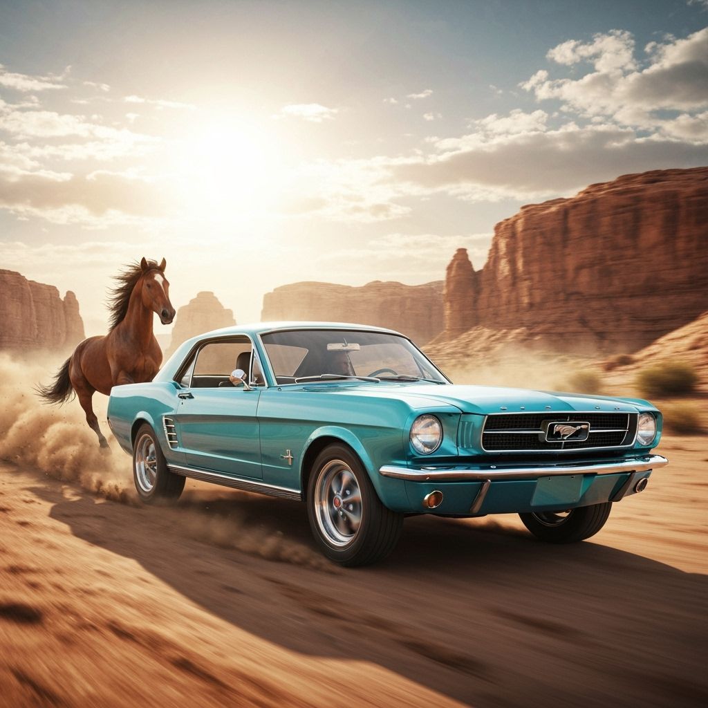 Ford Mustang Races Wild Horse in Dusty Desert Landscape