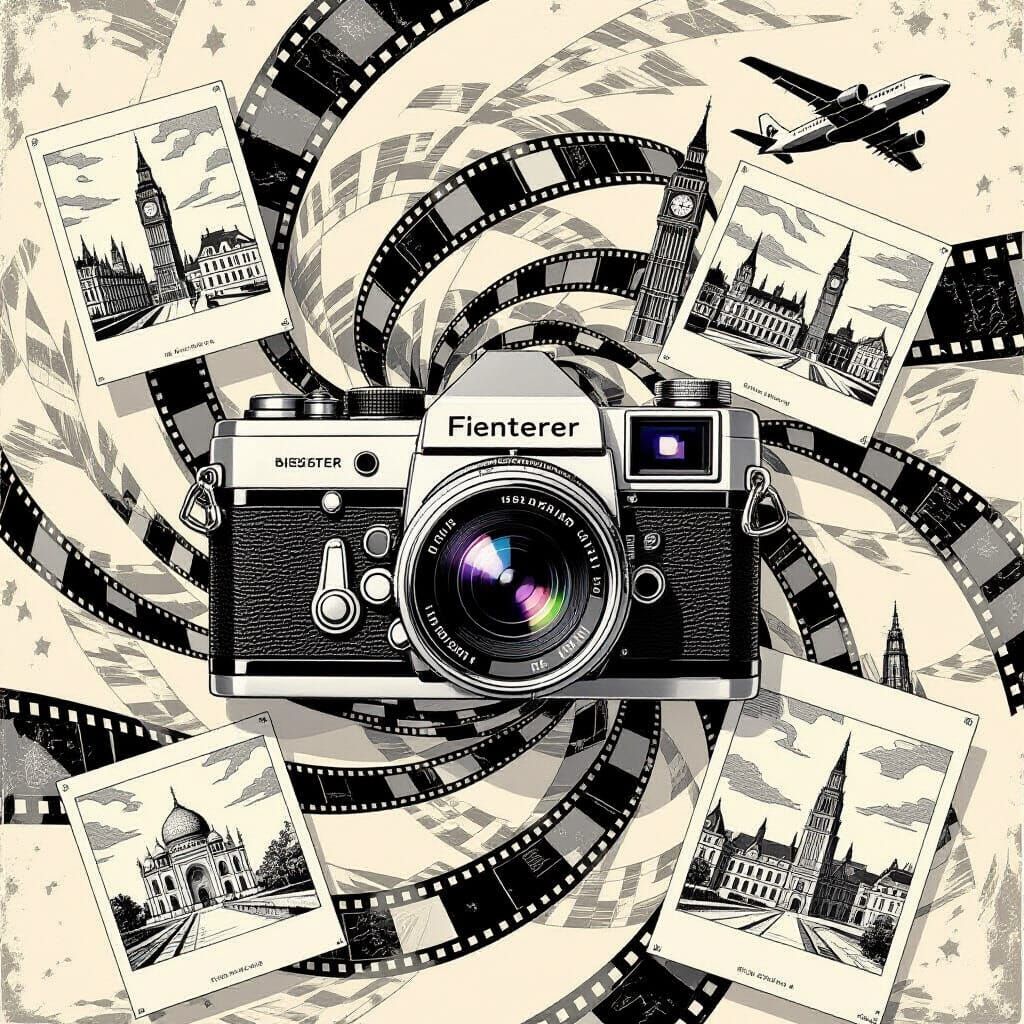 Vintage Camera Tattoo Art with Landmark Sketches