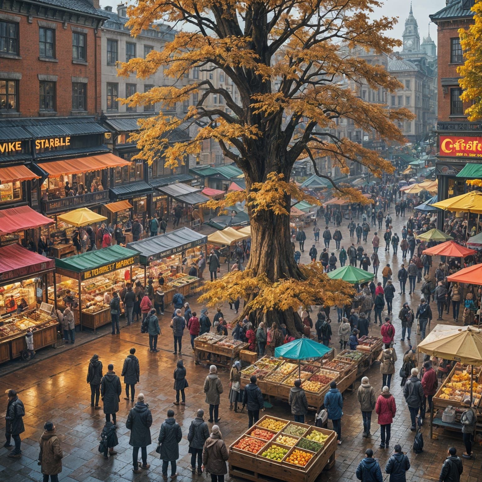 Cyberpunk Market Square with Redwood