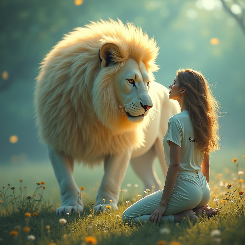 Woman and Luminous Lion in Dreamlike Landscape