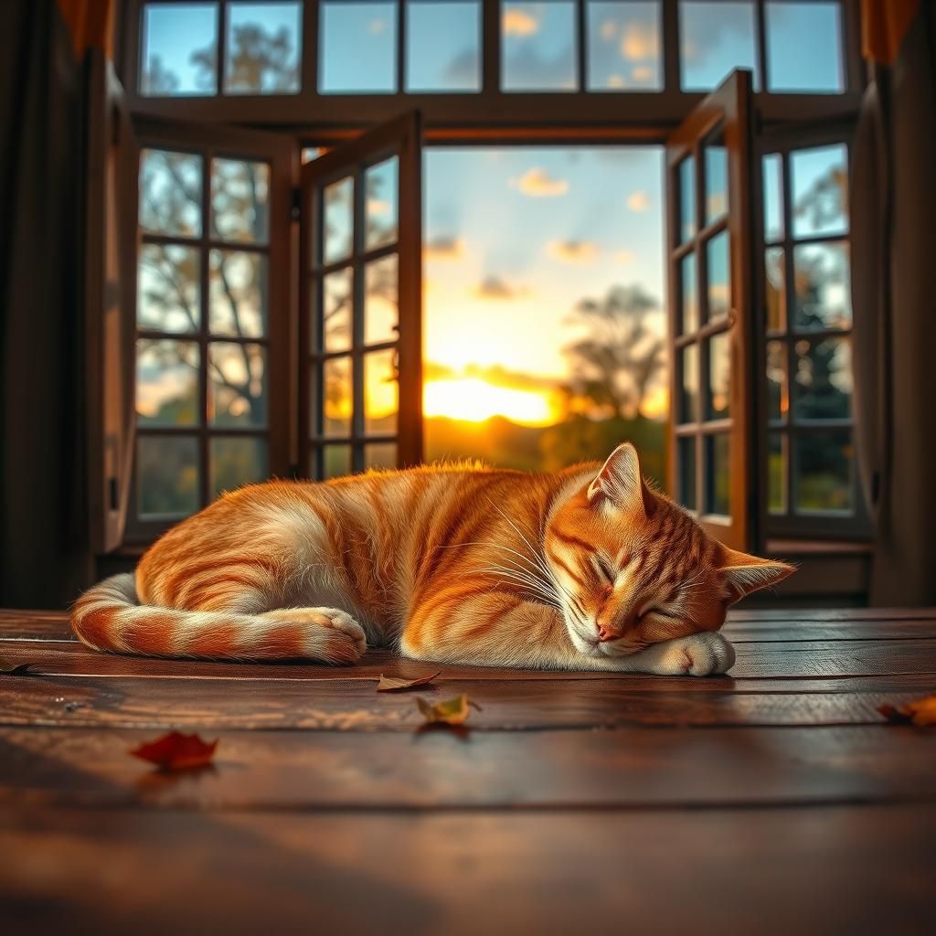 Cat Nap in Autumn Sunset Landscape