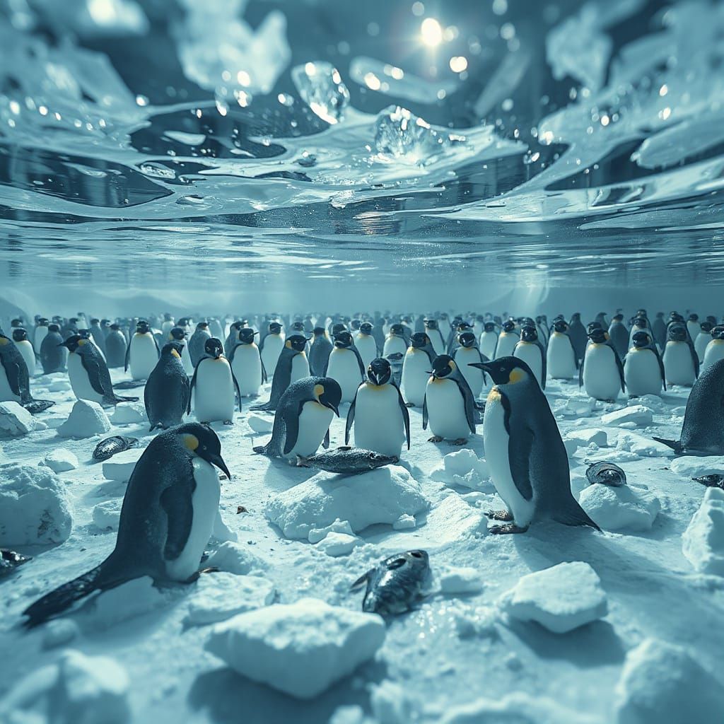 Penguins Sculpting Art Under Ice in Hyperrealistic Style