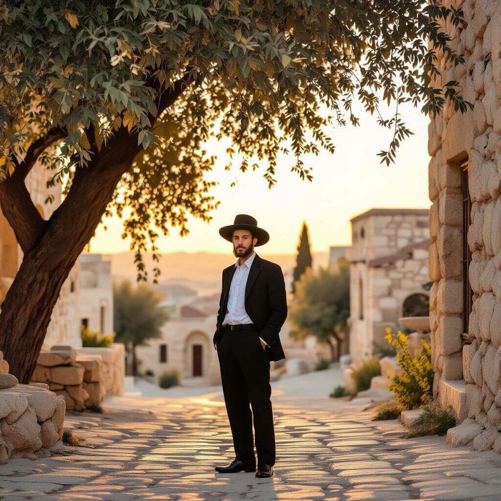 Haredi Man in Traditional Attire at Golden Hour