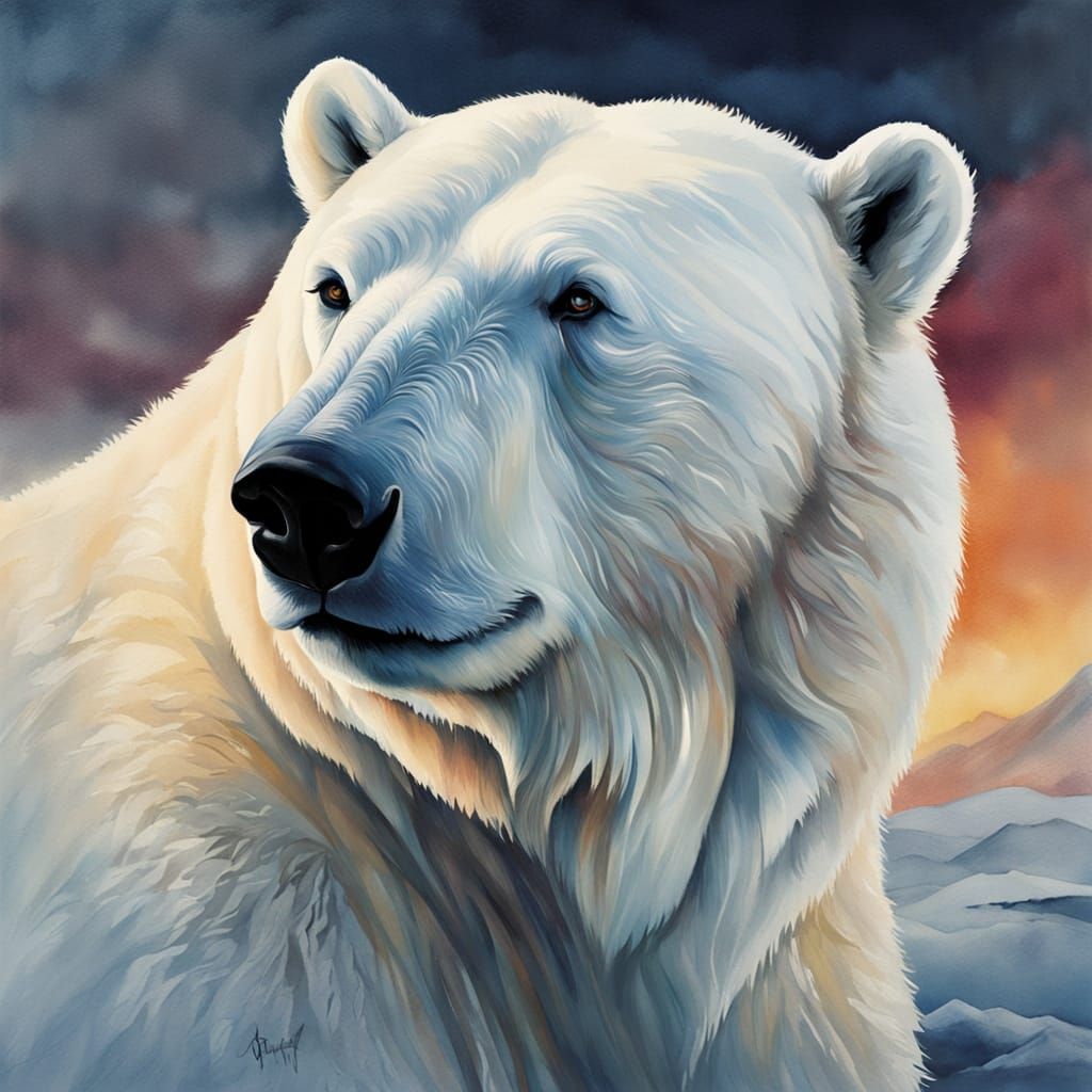 Surreal Arctic Landscape with Polar Bear in Watercolour