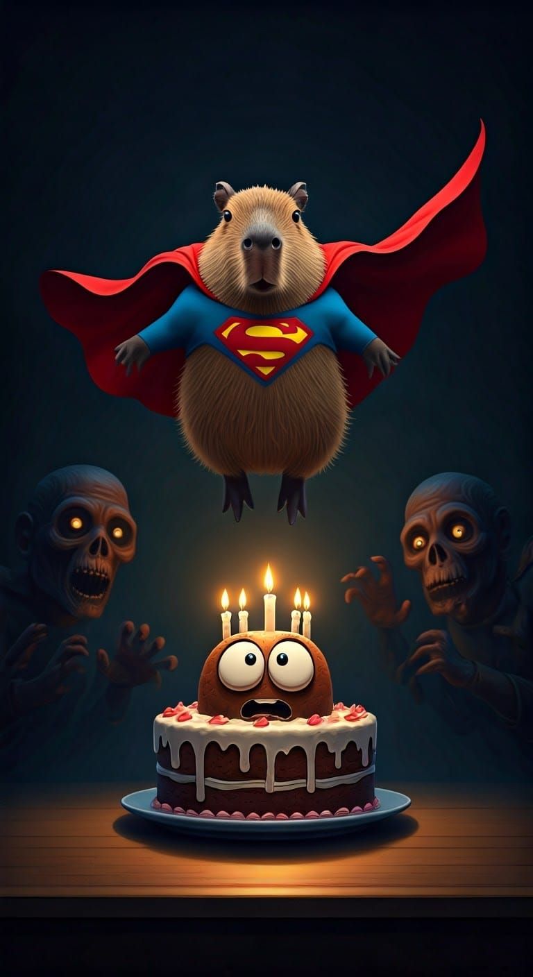 Capybara Superman Rescues Terrified Cake in Deep Darkness