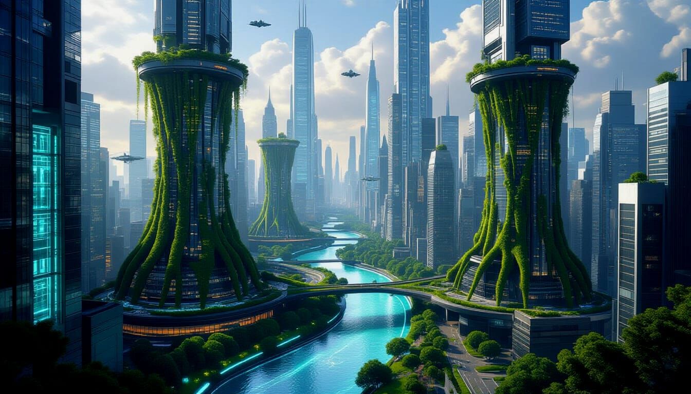 Eco-Cyberpunk City: Nature and Technology Blend