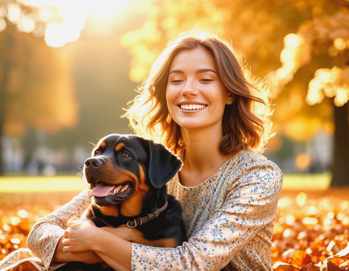 Autumn Park Scene: Woman, Rottweilers, and Parisian Charm