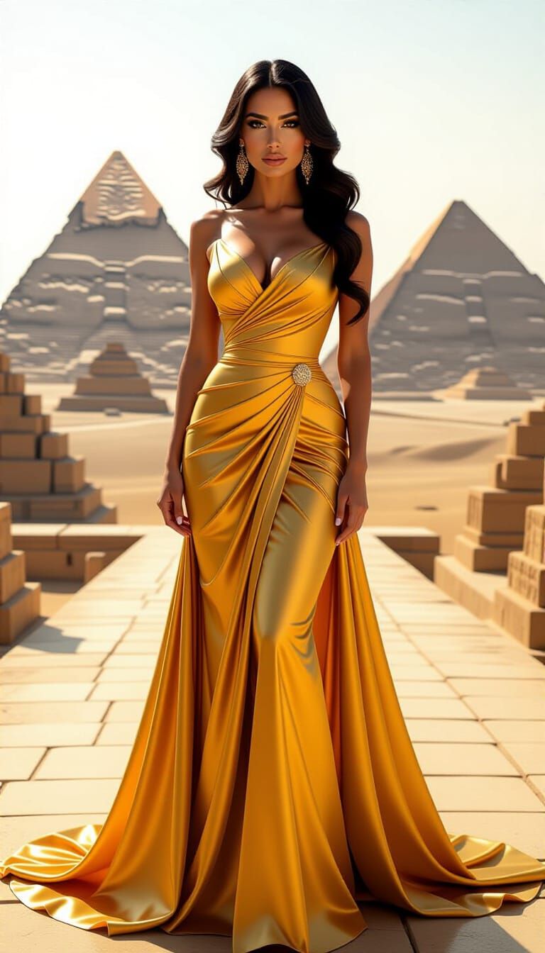 Egyptian Goddess in Opulent Golden Gown