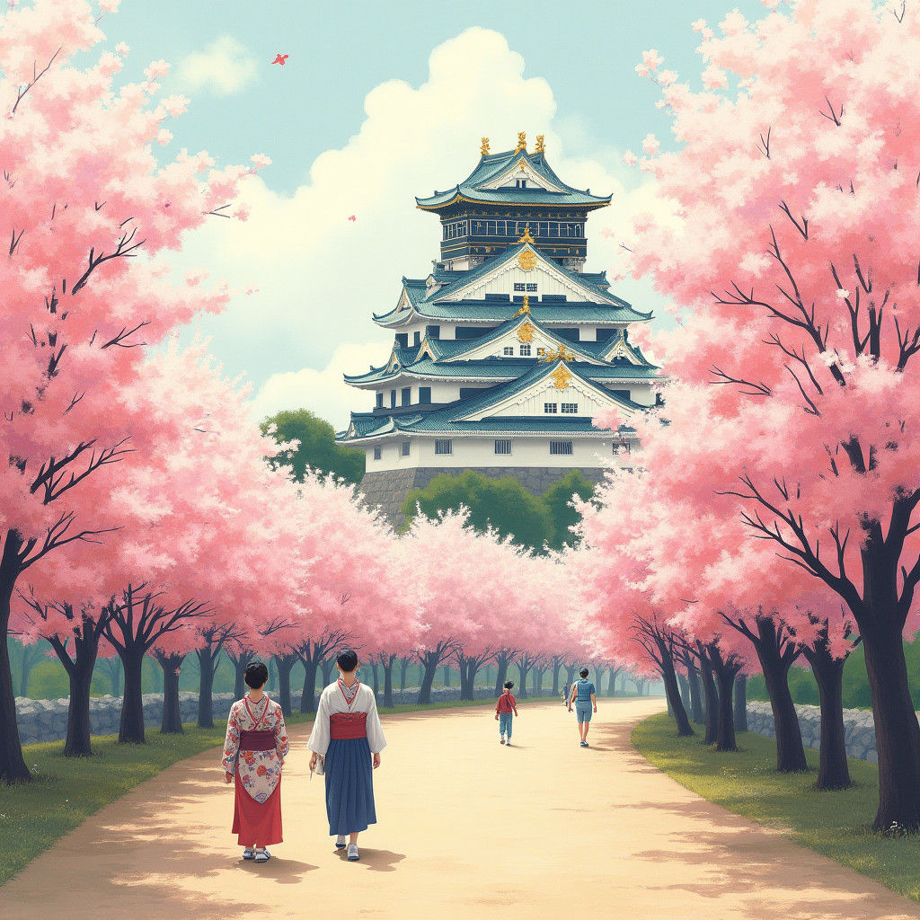 Osaka Castle in Spring: A Japanese Woodblock Print