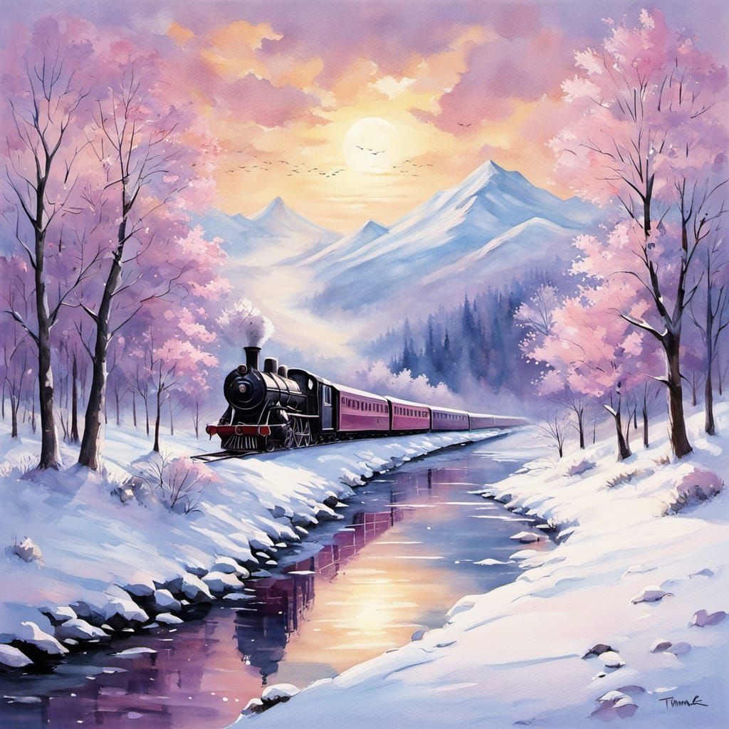 Royal Steam Train Chugs Along Snowy Creek in Dreamy Watercol...