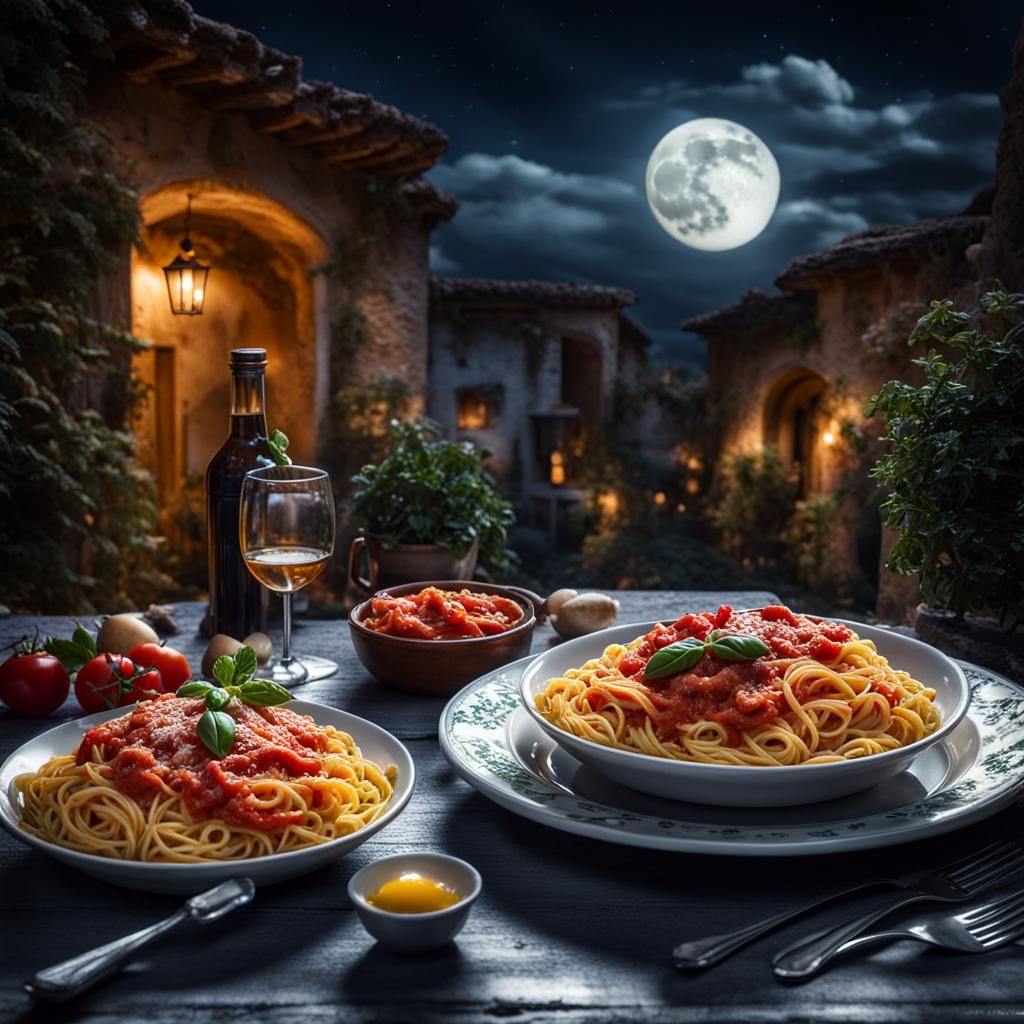 Hyperrealistic Pasta Dinner by Moonlight