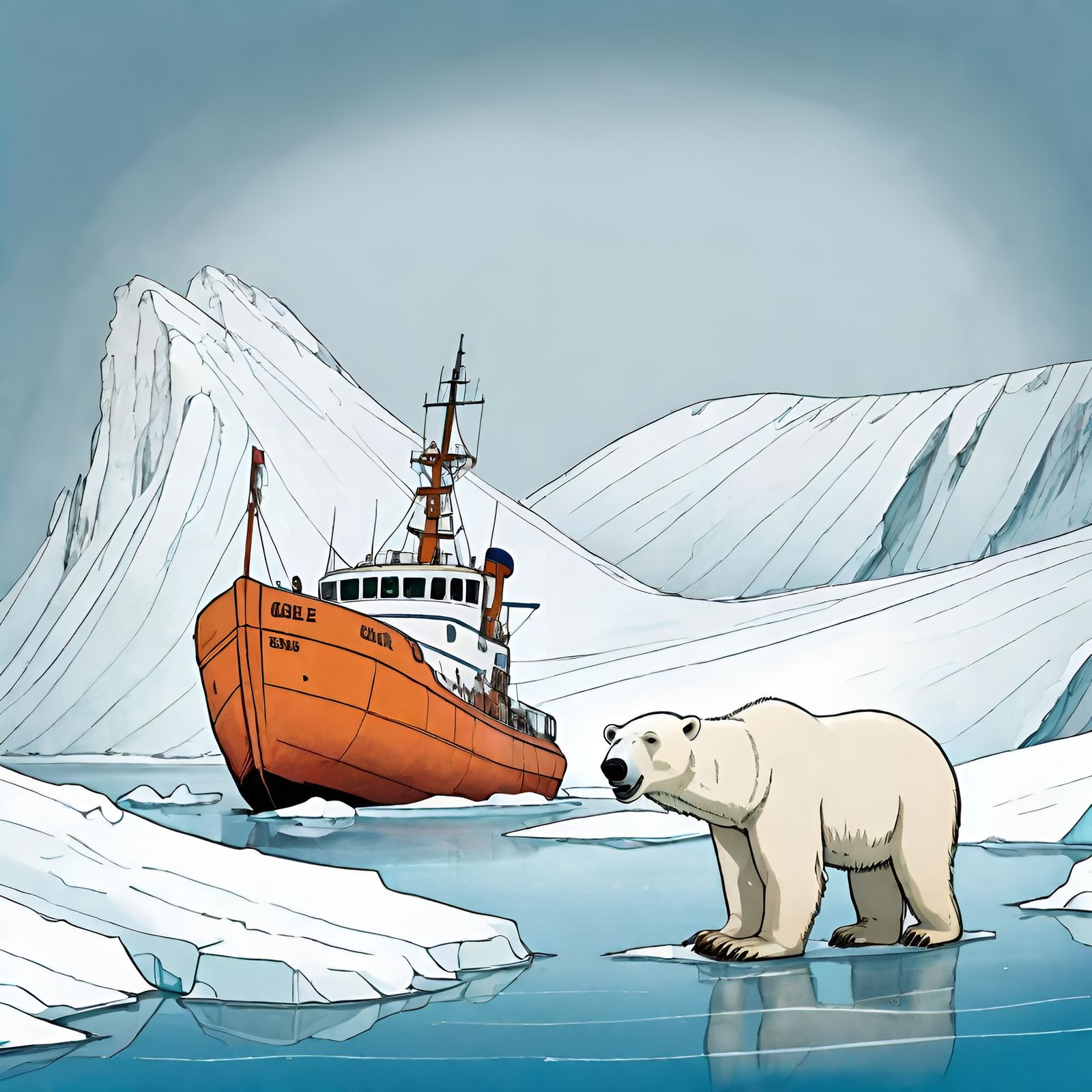 Lifeboat Adrift: Polar Bear Encounter in Ink