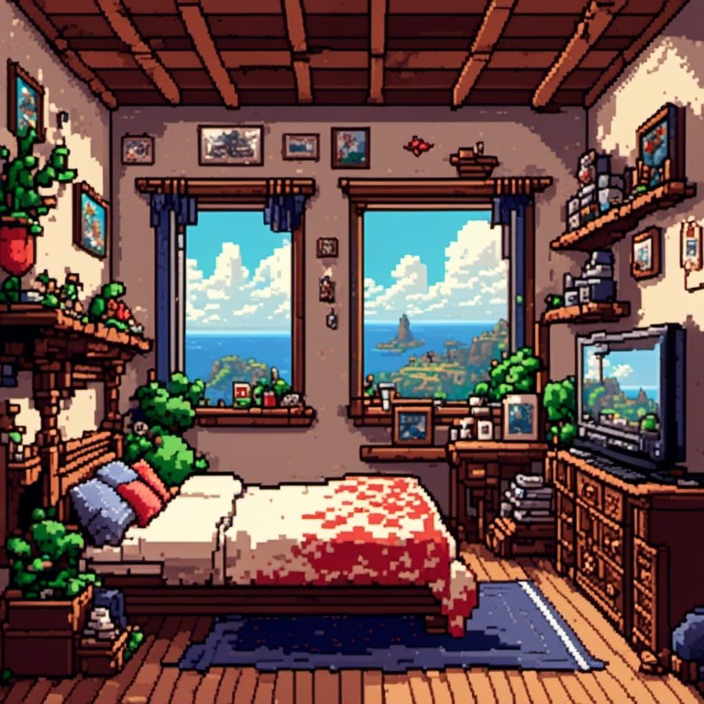Cozy Pixelated Pirate Bedroom in Anime Style