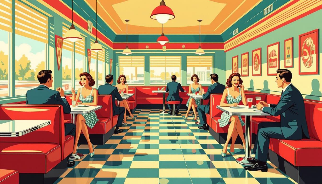 1950s Diner Scene in Mid-Century Poster Style