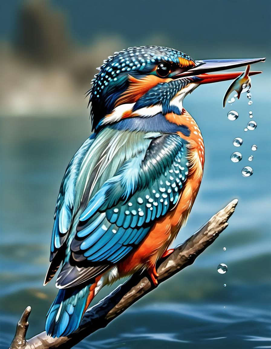 Kingfisher Fishing: Digital Watercolor Bird Portrait