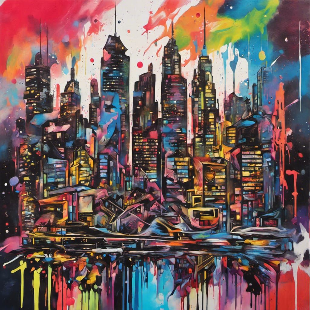 Futuristic Melting City Night Scene Graffiti Art