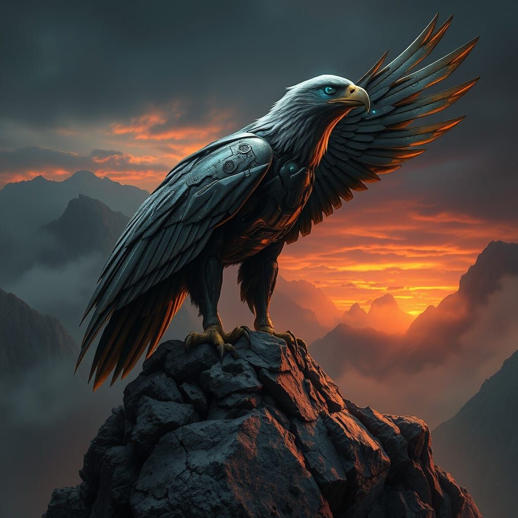 Cyborg Eagle Soars Amidst Gritty Industrial Decay