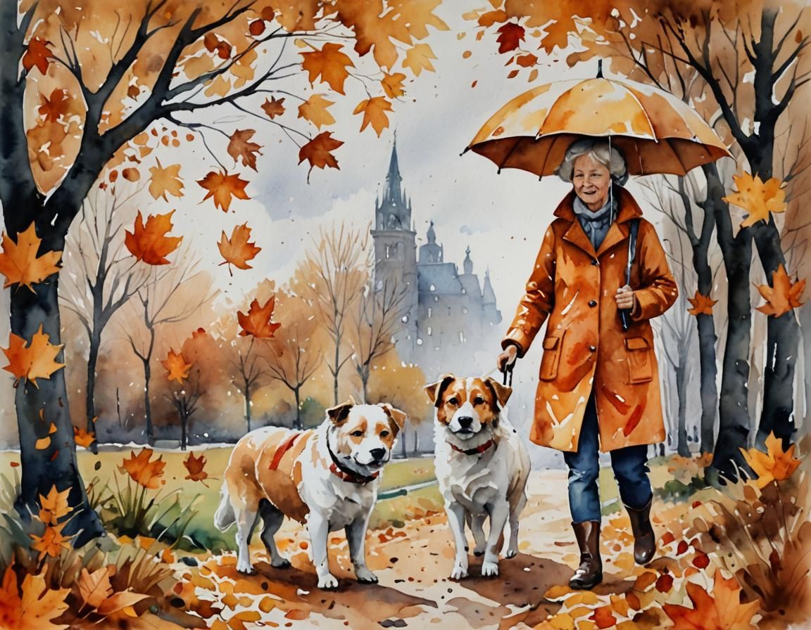 Autumn Street Scene: Watercolor Painting of Grandmother and ...