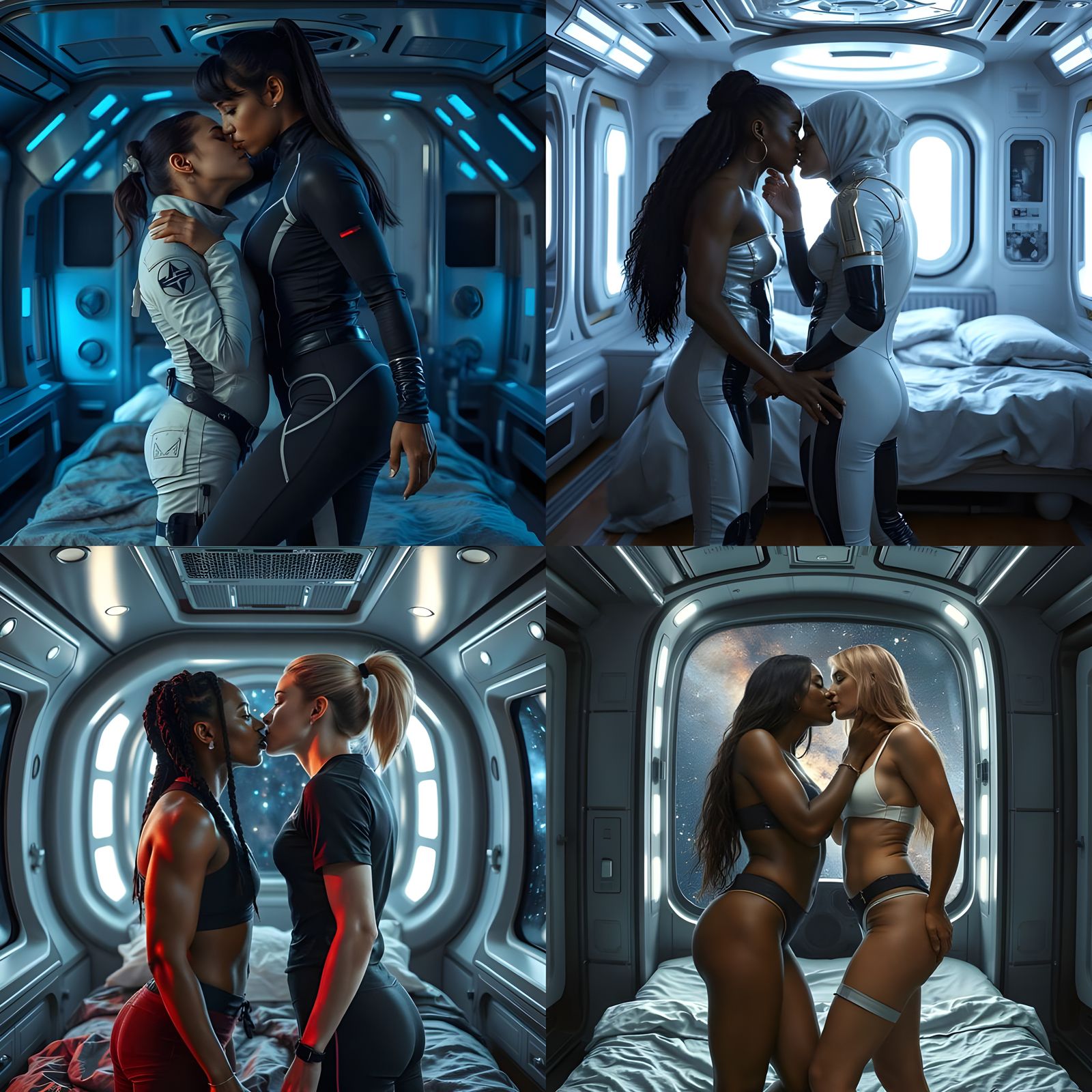 Forbidden Love: Kiss in Spaceship Bedroom, Hyperrealistic