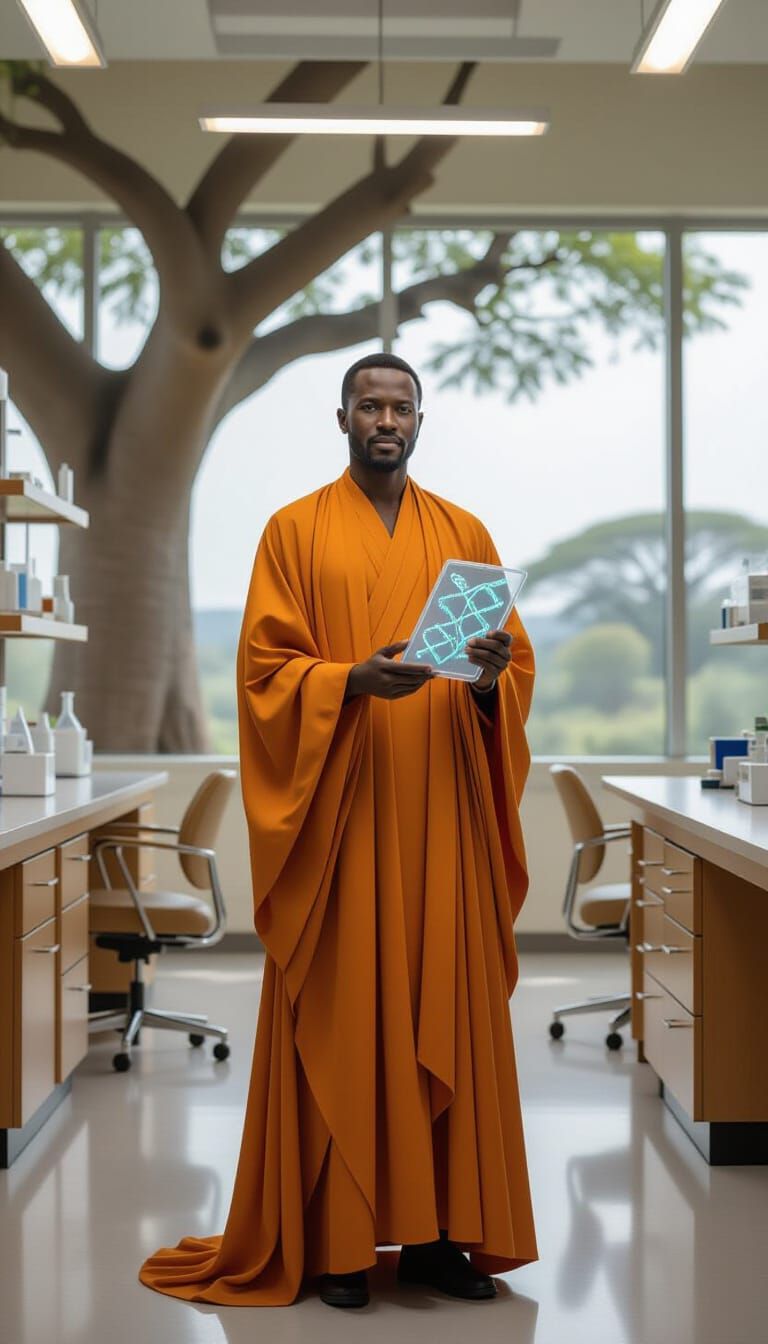 Kenyan Scientist with DNA Tablet in Retro Lab