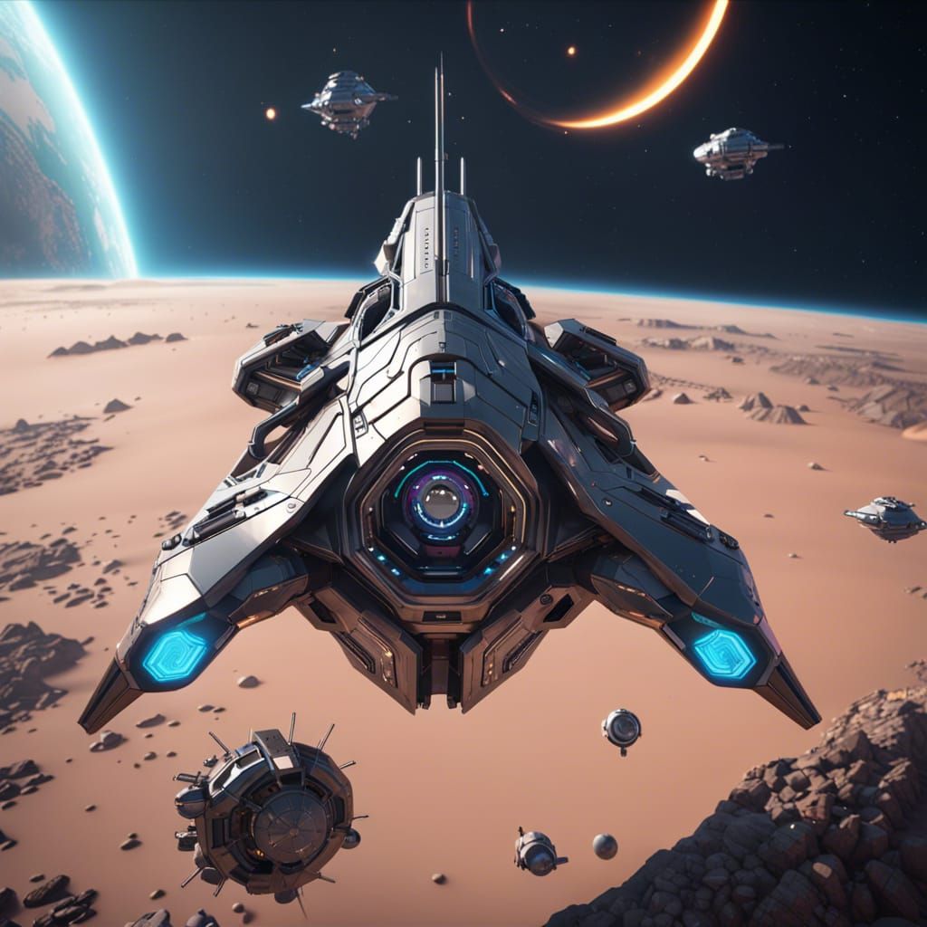 Futuristic Starship Leaving Orbit in Sci-Fi Style