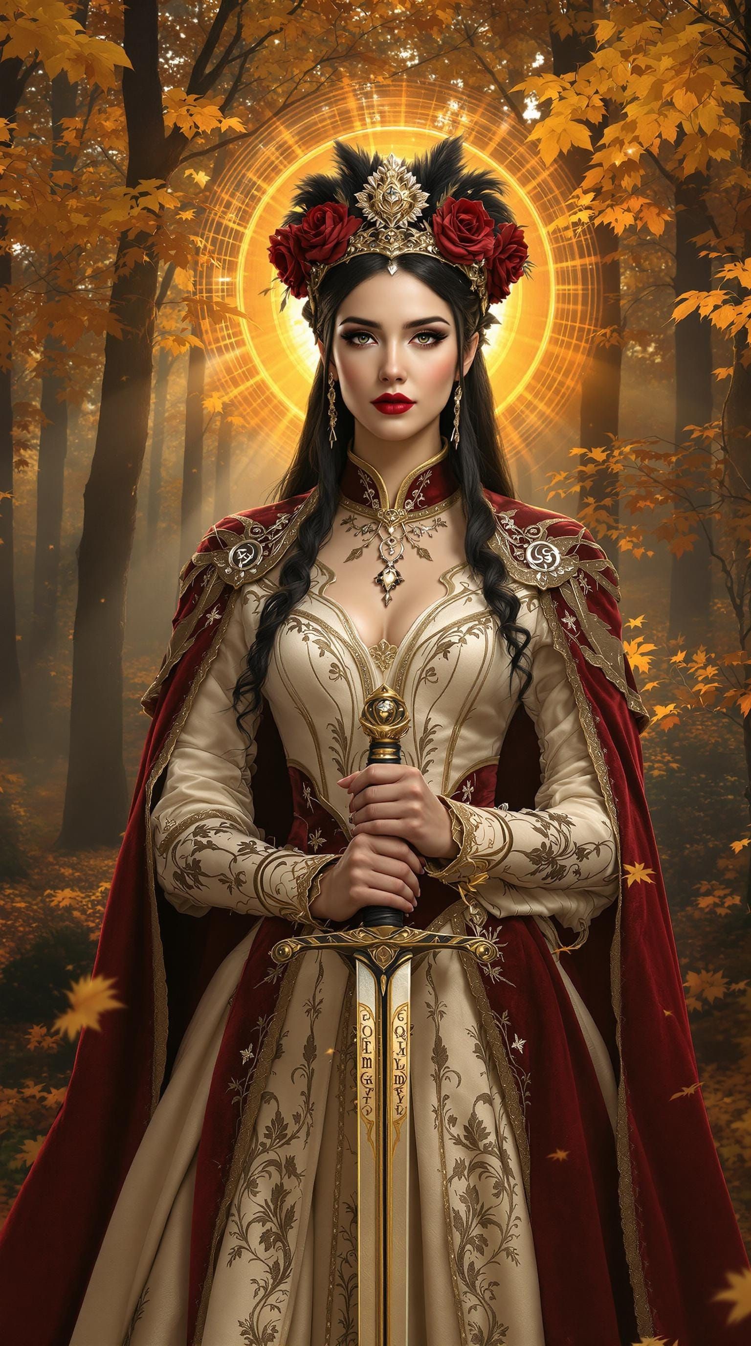 Regal Autumn Warrior in Medieval Gown and Sword