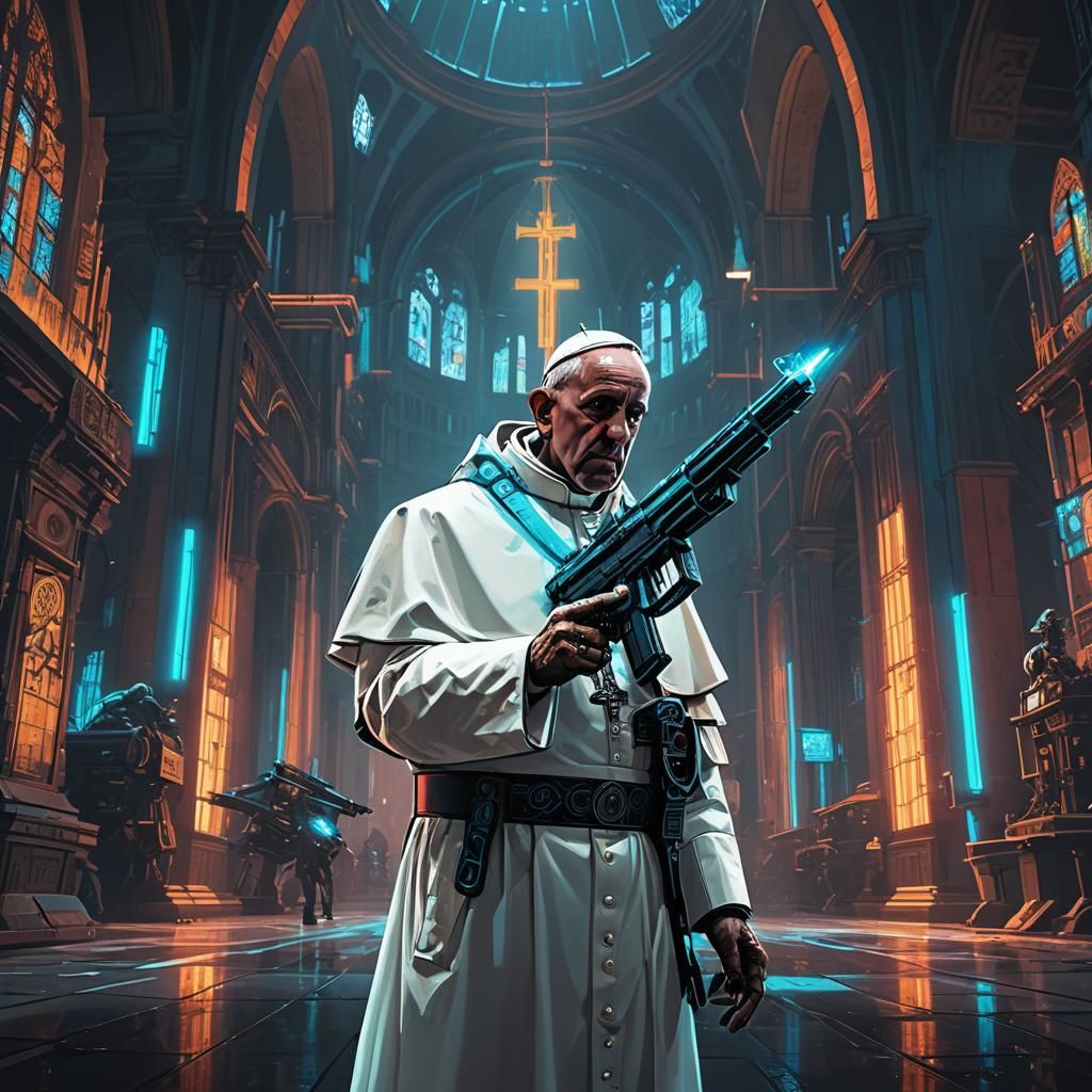 Pope with Futuristic Gun in Cyberpunk Cathedral